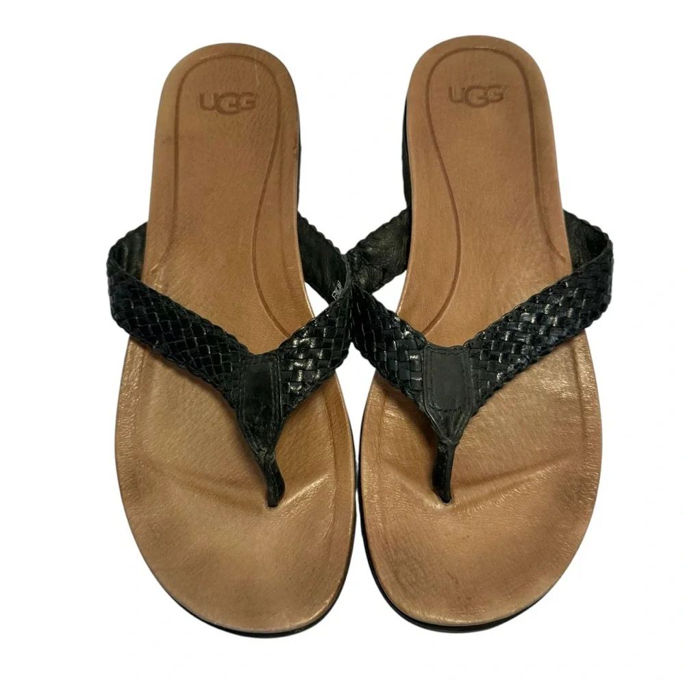UGG Women's Black and Tan Lorrie Leather Woven Thong Sandals- Size 8